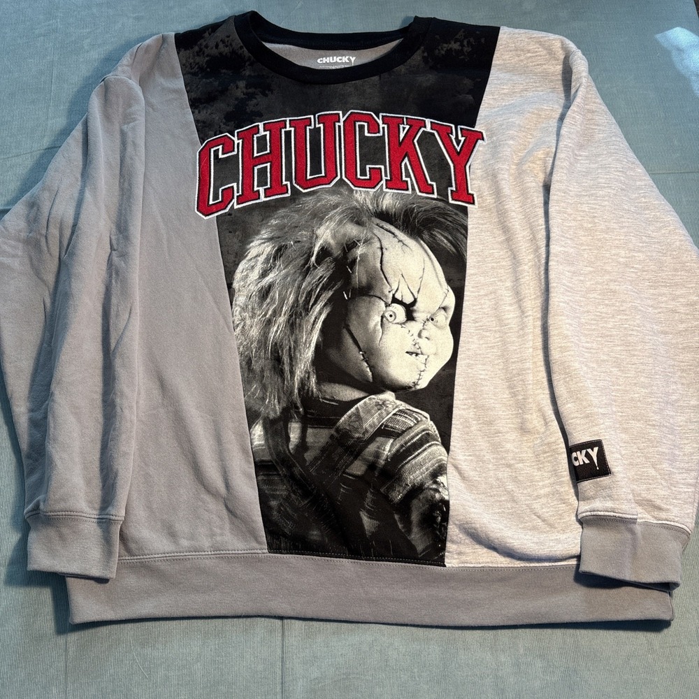 Chucky Horror Movie Graphic Sweatshirt Grey Colorblock Pullover 2XL Freeze